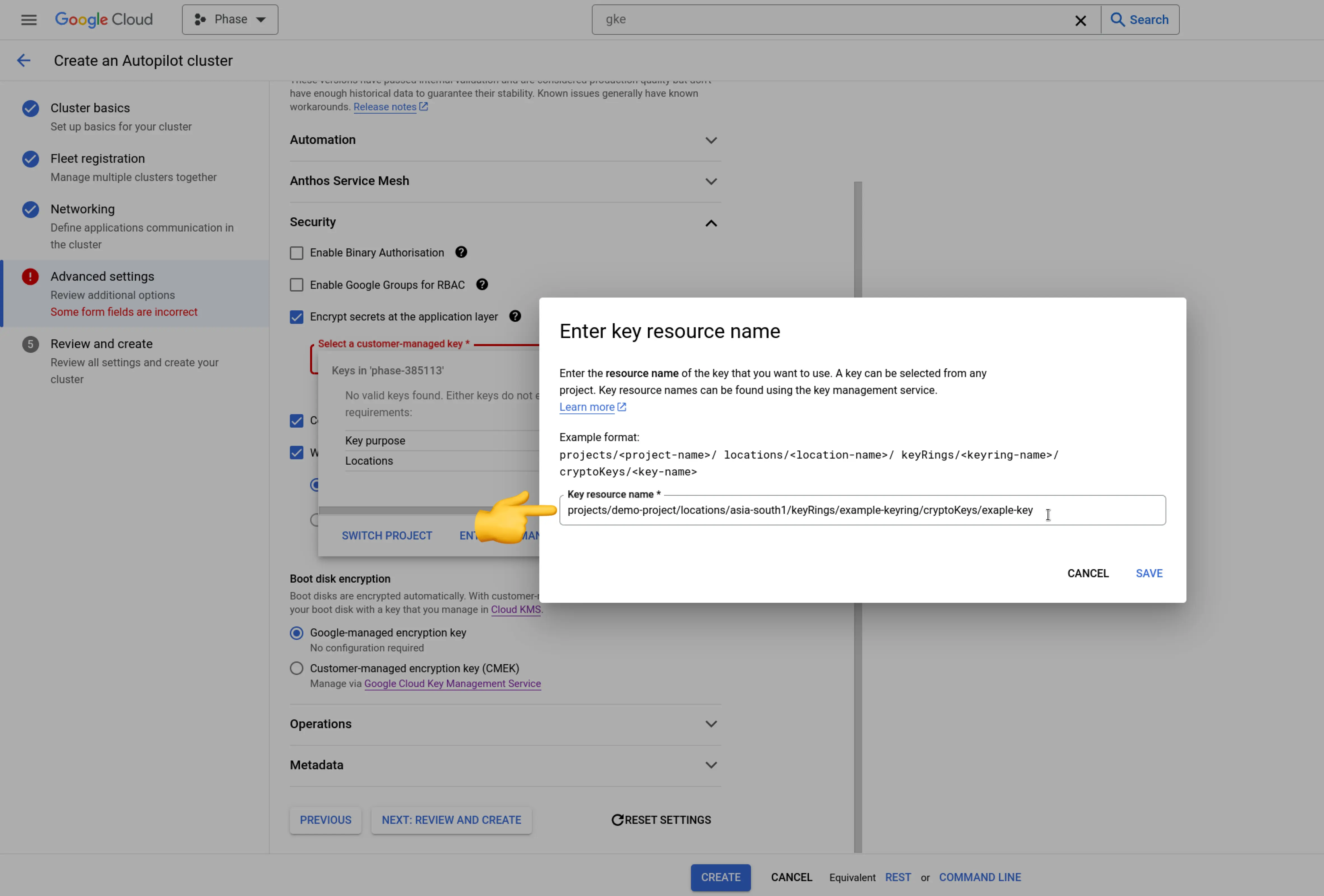 GCP GKE Encrypt Secrets App Layer Set Key Resource Name