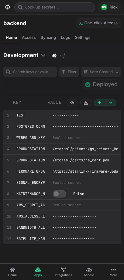 The secrets editor on a mobile screen, with the new bottom navigation
