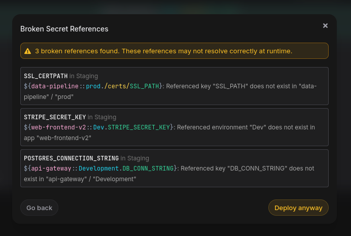 Broken Secret References warning dialog