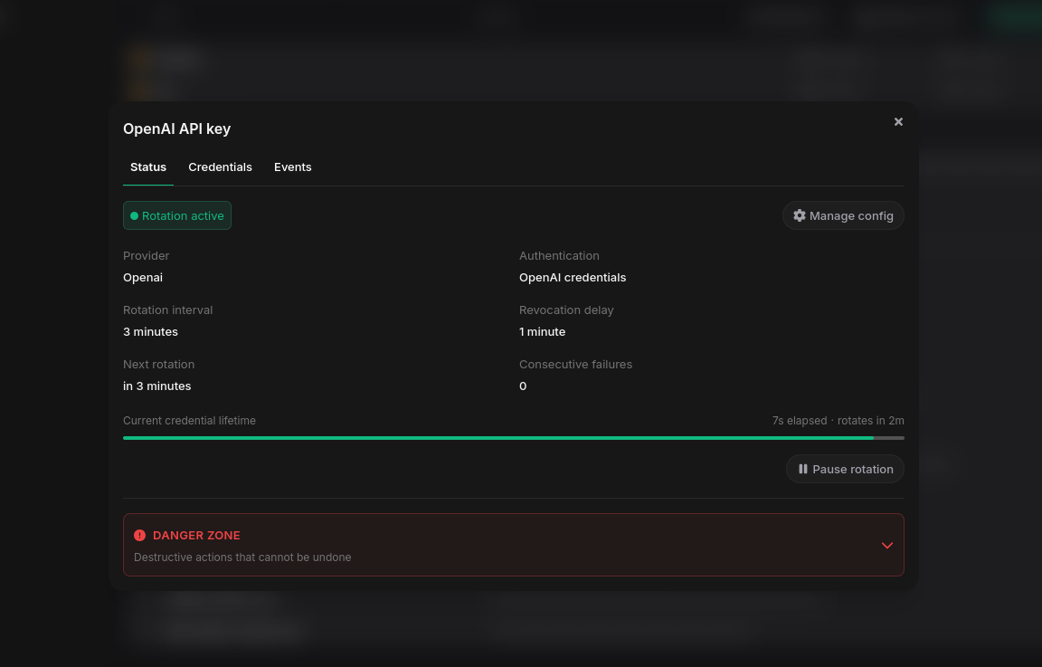 The rotation's status view — live health, next rotation, the ticking credential-lifetime bar, and one-click pause