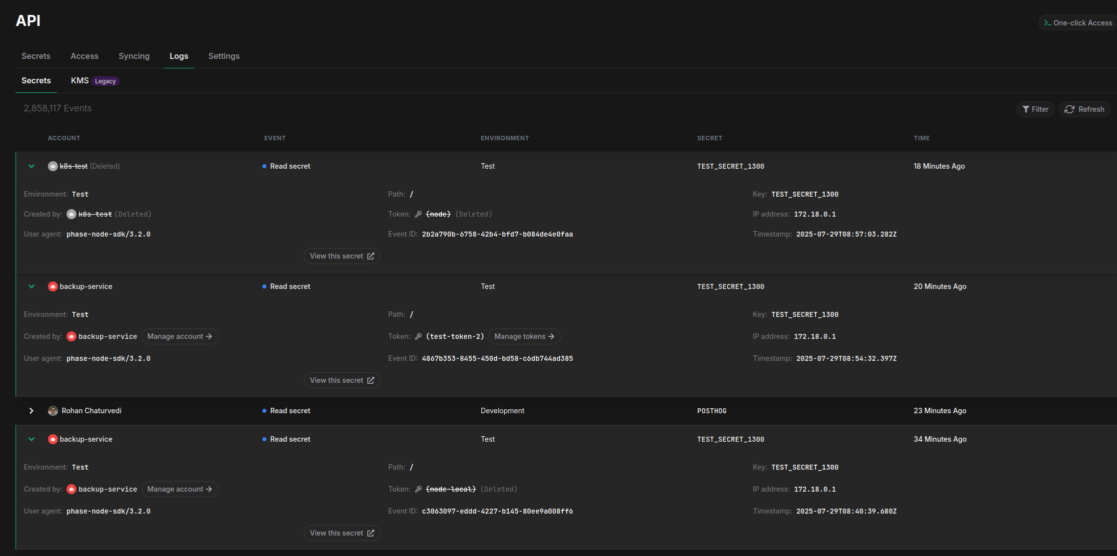 deleted account in logs